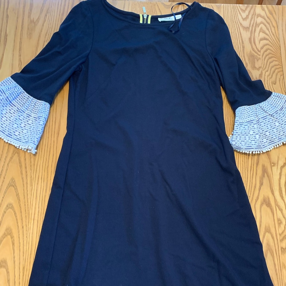 Navy Blue dress with 3/4 sleeves, lace cuffs